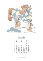 January 2026 monthly calendar template featuring a blue horse character with a celestial pattern of stars and clouds leaping through a stylized dreamy night sky. Week starts on Sunday.