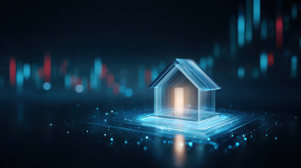 Glowing glass house model on digital investment graph with futuristic blue lights and subtle red data bars, symbolizing property market growth and tech driven real estate optimism
