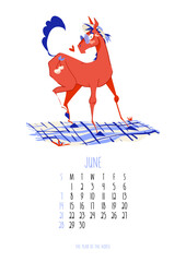 June 2026 monthly calendar template featuring a cheerful red horse mascot wearing sunglasses and a sun hat on a blue checkered picnic blanket for a summer theme. Week starts on Sunday