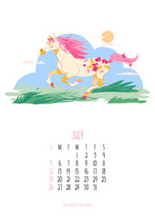 Vibrant July 2026 monthly calendar template featuring a white horse mascot with a pink mane and floral summer pattern galloping through a sunny green meadow. Week starts on Sunday. Vector illustration