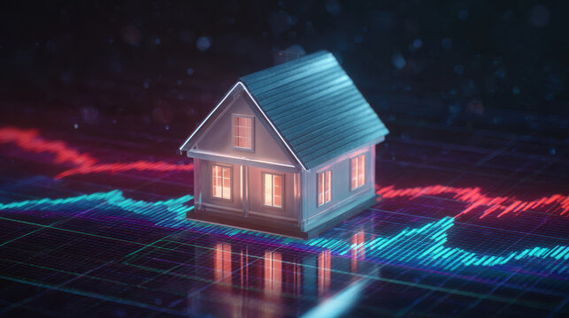Cozy house model neon graph financial chart investment concept miniature home glowing window data visualization blue light red light reflection technology real estate market trend miniature model - Powered by Adobe
