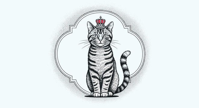 Vintage-style engraved illustration of a majestic tabby cat wearing a small red crown, sitting regally within an ornate frame.