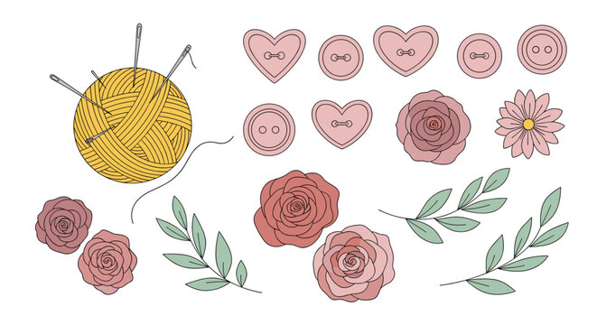 Hand-drawn collection of crafting and sewing elements, including a ball of yarn, needles, buttons, roses, and leaves for design.