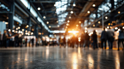 Fototapeta premium A bustling convention center filled with attendees, bathed in warm light from above. A hub of activity and connection with blurred figures.