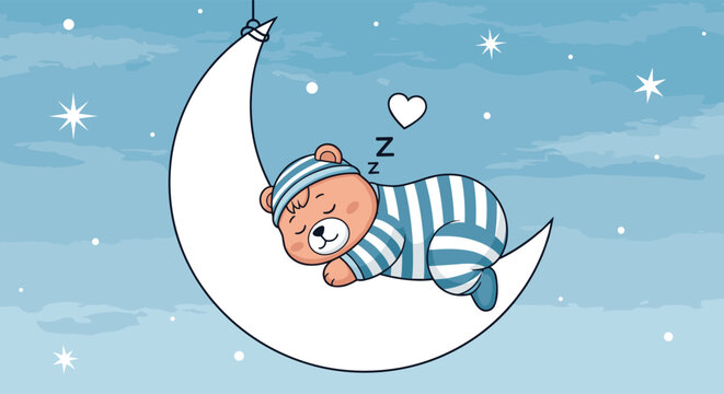 Adorable cartoon teddy bear in striped pajamas and a nightcap sleeping peacefully on a crescent moon in a starry night sky.