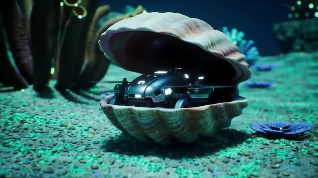 Drone hidden in clam shell in an underwater scene for conceptual imagery