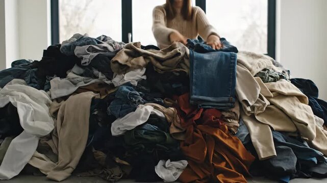 Woman sorting through a large pile of clothes and folding jeans. Person organizing laundry and decluttering a messy wardrobe at home. Fast fashion and consumerism concept