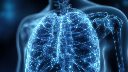 Digital x-ray scan visualization, transparent human chest, glowing skeleton structure, medical imaging concept, blue clinical tones, ultra-detailed, futuristic healthcare illustration