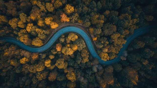 Serpentine river through autumn forest - Powered by Adobe