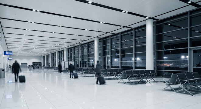 People walking with luggage in a modern airport terminal interior with rows of chairs