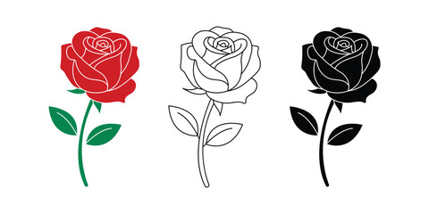 Rose flower vector icon set isolated on transparent  background. Valentine&rsquo;s day floral element.  