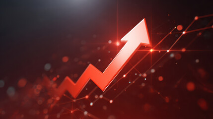 Red arrow ascending over dynamic stock market graph with glowing data points and futuristic red bokeh lighting conveying growth and positive momentum