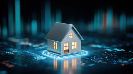 Leicathecat shiny transparent home placed interactive decorated blue glowing miniature technology circuit board smart house model concept futuristic illuminated window roof front interior warm