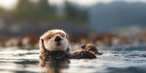 Obraz premium Sea otter floating on water near kelp forest in morning light with other otters nearby