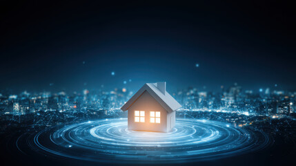 Smart home icon house model digital network glowing window connected technology energy city night