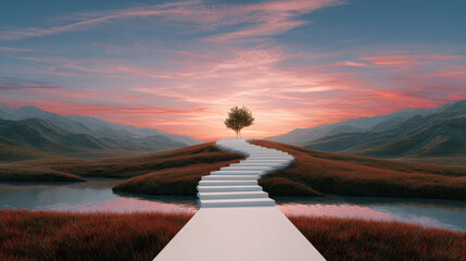 Surreal landscape path staircase tree sunset river hill mountain grass reflection tranquil