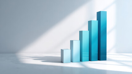 Upward bar graph casting shadow on white floor with soft sunlight and blue gradient columns expressing growth and calm optimism