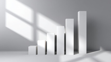 Upward bar graph casting shadow white mini pedestal column bar pedestal column chart growth skyline minimal studio studio lighting white gray shadow reflection geometric architecture business