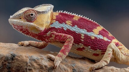 Obraz premium A colorful chameleon perched on a rock, showcasing its vibrant skin patterns and unique features.