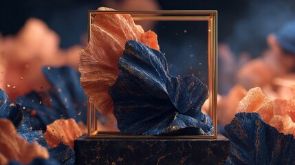 A gold and blue framed piece of art with orange and blue flowers. The flowers are arranged in a way that creates a sense of movement and depth. The gold frame adds a touch of elegance