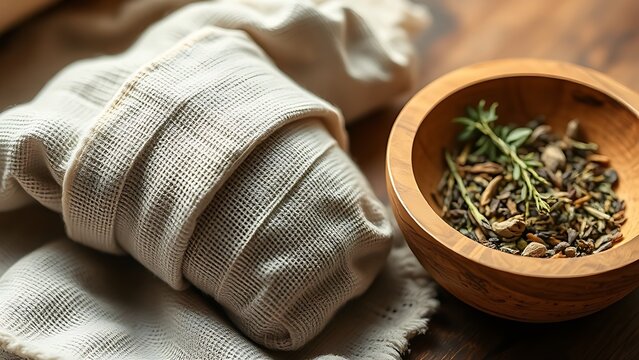 poultice. Herbal poultice wrapped in linen cloth beside a wooden bowl of dried herbs, natural remedy concept. menu design.