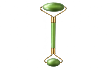 Green jade roller beauty device on transparent background backdrop