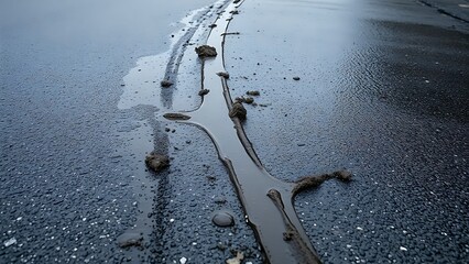 deceleration. Tire marks from a sharp turn on a wet road with splashes of mud. mobility guides, transit brochures, designed for transport & logistics marketing, improves user orientation.