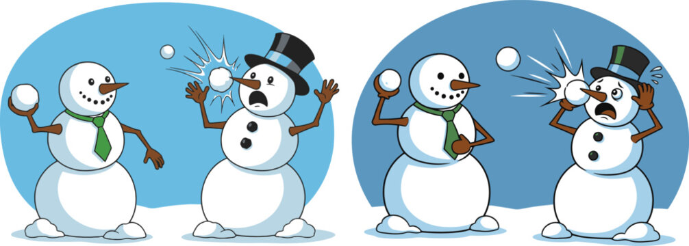 Snowmen having a fun snowball fight in winter