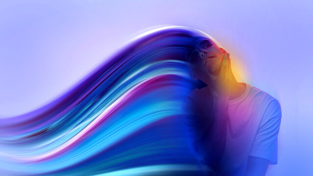Surreal design of female portrait with flowing light waves and dreamy emotion. Concept of emotional balance, creative flow, mental wellbeing, modern lifestyle, self reflection.
