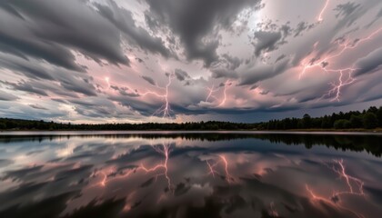 Electric Lake: Stunning Reflections of Red Lightning and Dramatic Clouds in Smooth Waters, Horror Landscape, Long Exposure, Atmospheric Symmetry
