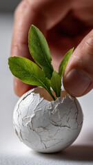 New life emerging from the shell: a symbol of hope and renewal. A hand carefully protects the fragile plant. Growth from unexpected places.