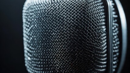 Close up of a professional studio microphone grill with a dark background.