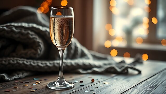 dcf. A champagne flute with golden bubbles on a wooden table beside a cozy blanket and festive confetti. bar promotions, beverage menus, designed for food & beverage menus and cafe branding.