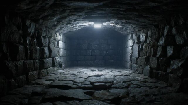 Dimly lit stone tunnel resembling a crypt or dungeon, suitable for horrorthemed designs and halloween projects. Creepy atmosphere.