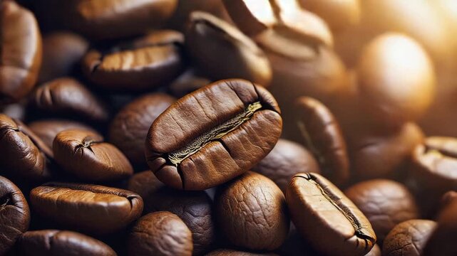 coffee beans background Cinematic 4K Macro of Roasted Coffee Beans Cascading into a Pile.