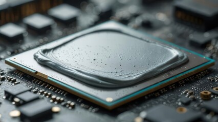 Close-up Macro Shot of a Computer Processor Chip on a Motherboard.