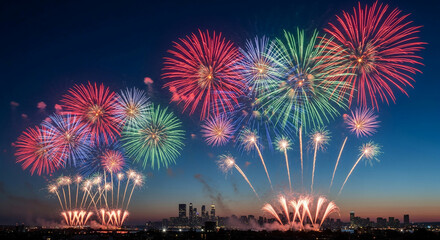 Fototapeta premium Colorful firework display in the dark night sky, with city skyline silhouette. Representing celebration, festive occasion, and vibrant spectacle