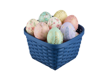  “Decorated Easter Egg Basket in Minimal Blue Container, isolated on a transparent background”.png