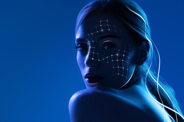 Futuristic artwork female portrait with facial scanning grid and technology mood. Concept of digital beauty, biometric security, identity protection, future technology, innovation branding.
