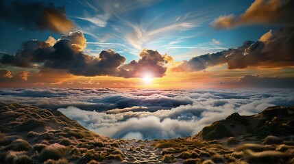 Breathtaking sunset over clouds mountain peak nature photography serene environment wide angle tranquility and beauty