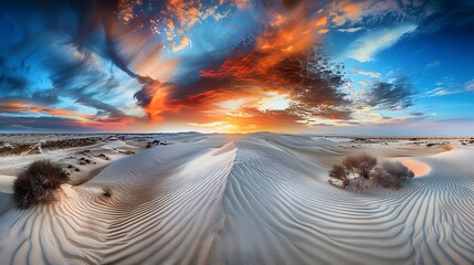 Sunset over sand dunes white sands national park landscape photography desert environment wide-angle view natural beauty