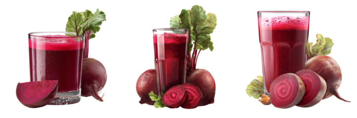 Three glasses of vibrant red beet juice with whole and sliced beets isolated on a transparent background