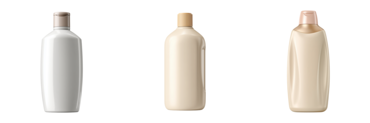 Three cosmetic bottles with different cap colors isolated on a transparent background