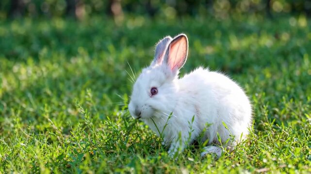 White rabbit grazing on the grass picture Little white rabbit grazing on the grass