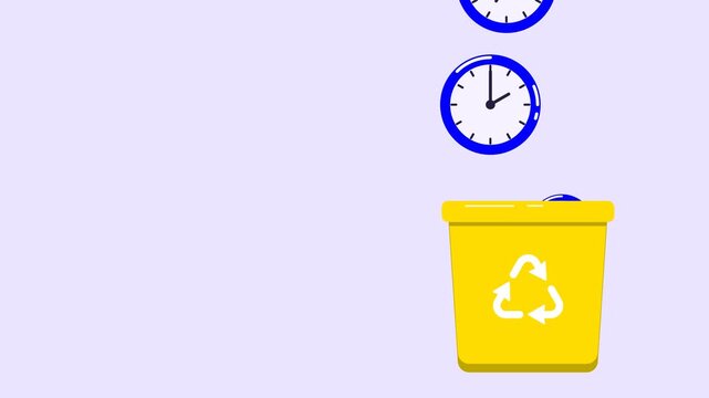 Loop animation of clocks falling into trash bin symbolizing wasting time, procrastination, poor time management and inefficiency on solid background.