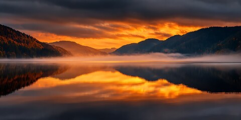 Sunset reflection over calm lake mountain landscape photography serene environment wide angle nature's beauty