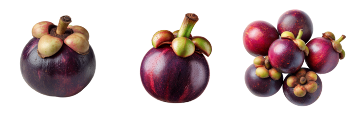 Three arrangements of ripe purple mangosteen fruit with green stems isolated on a transparent background