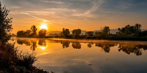 Sunrise reflection over calm river nature scene early morning tranquil environment serene viewpoint