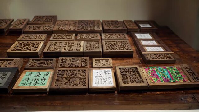 Showcasing traditional wood carving seal materials and ancient woodblock printing
