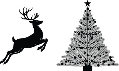 Black and white illustration of a leaping reindeer beside a decorated Christmas tree, symbolizing holiday spirit, winter celebration, festive season, and traditional Christmas themes. © Ashikur
